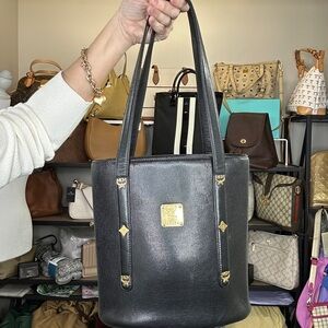 MCM Munchen Black Leather Tote with Gold Logo Plaque COA